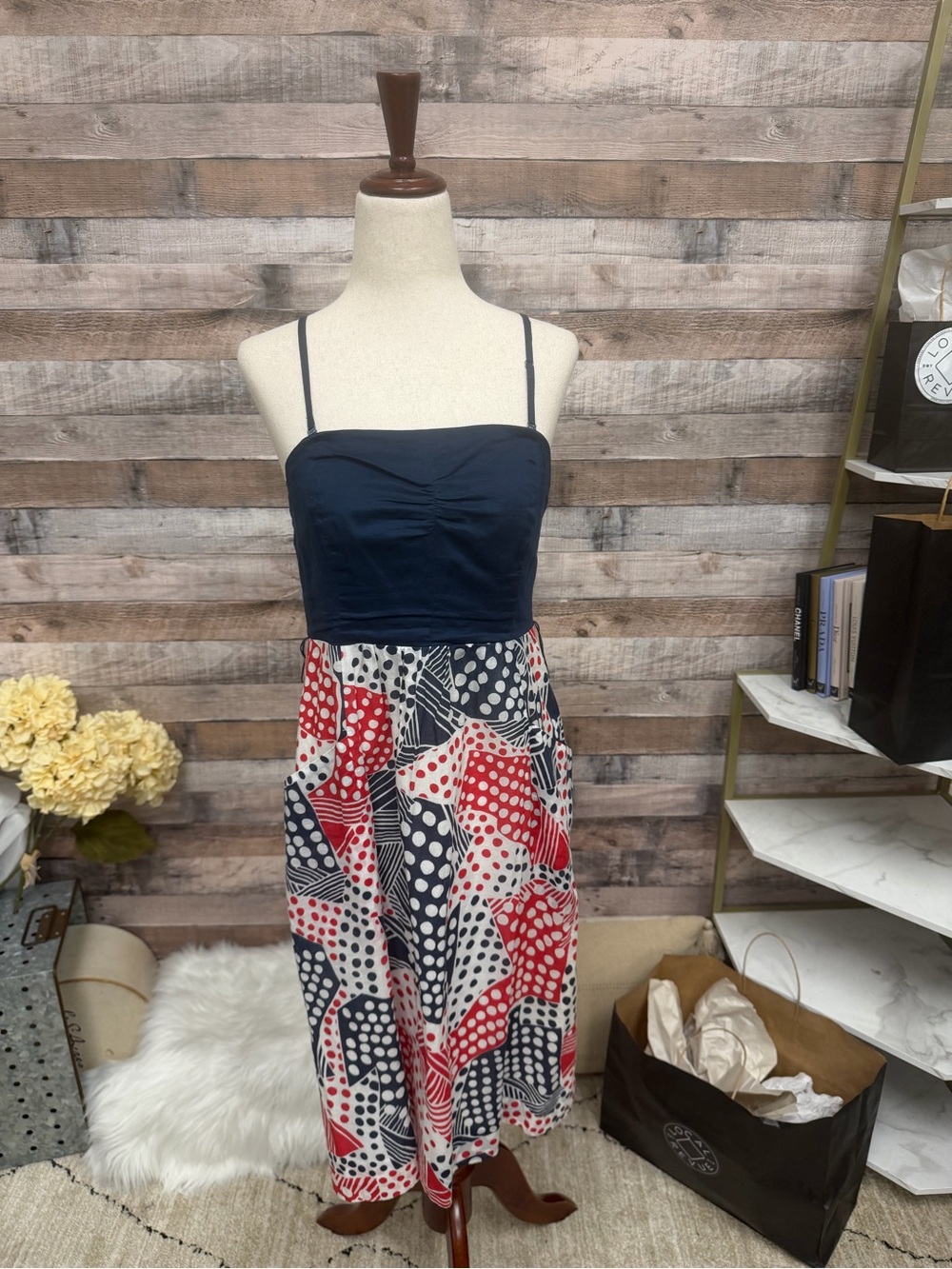 Odille Navy & Red Polka Dot Strap Midi Dress